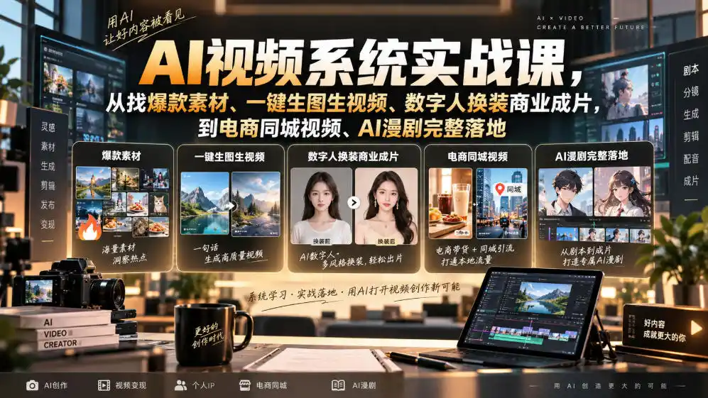 AI视频系统实战课，从找爆款素材、一键生图生视频、数字人换装商业成片，到电商同城视频、AI漫剧完整落地-优优云网创