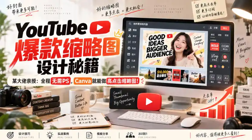 YouTube爆款缩略图设计秘籍，某油管大佬(610万订阅者)亲授，全程无需PS，Canva就能做高点击缩略图！【原创双语字幕】-优优云网创
