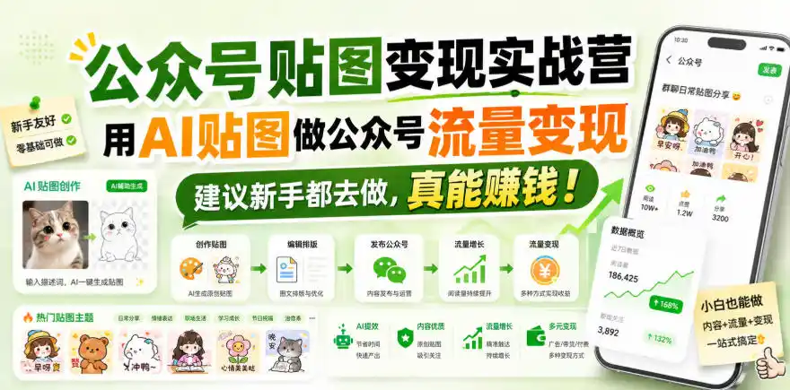 公众号贴图变现实战营,用AI贴图做公众号流量变现,建议新手都去做,真能賺钱!-优优云网创