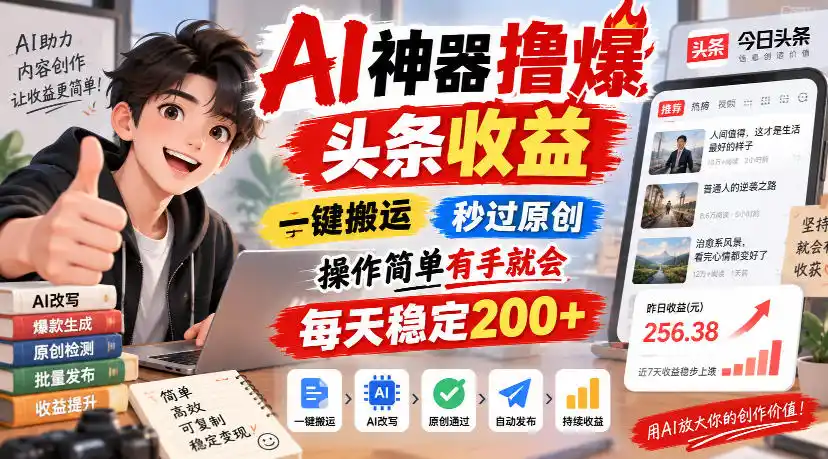 AI神器撸爆头条收益,一键搬运,秒过原创,操作简单有手就会,每天稳定200+【揭秘】-优优云网创