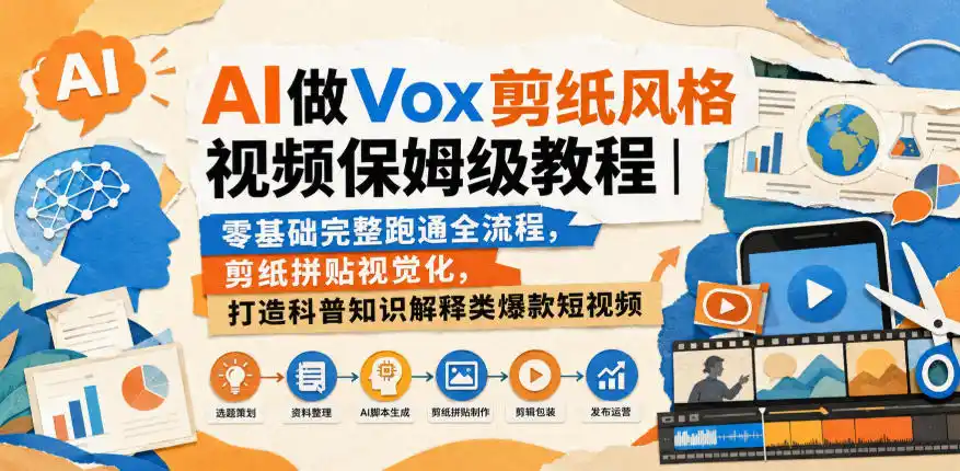 AI做Vox剪纸风格视频保姆级教程｜零基础完整跑通全流程，剪纸拼贴视觉化，打造科普知识解释类爆款短视频-优优云网创