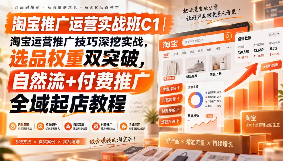 淘宝推广运营实战班C1｜淘宝运营推广技巧深挖实战，选品权重双突破，自然流+付费推广全域起店教程-优优云网创