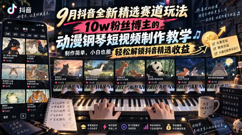 9月抖音全新精选赛道玩法,10w粉丝博主的动漫钢琴短视频制作教学,制作简单,小白也能轻松解锁抖音精选收益-优优云网创