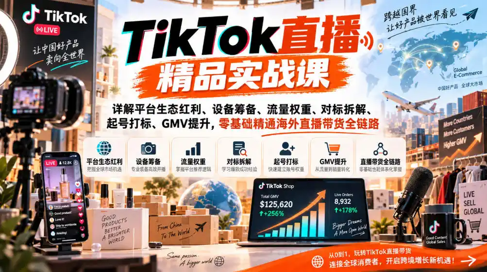TikTok直播精品实战课，详解平台生态红利、设备筹备、流量权重、对标拆解、起号打标、GMV提升，零基础精通海外直播带货全链路-优优云网创