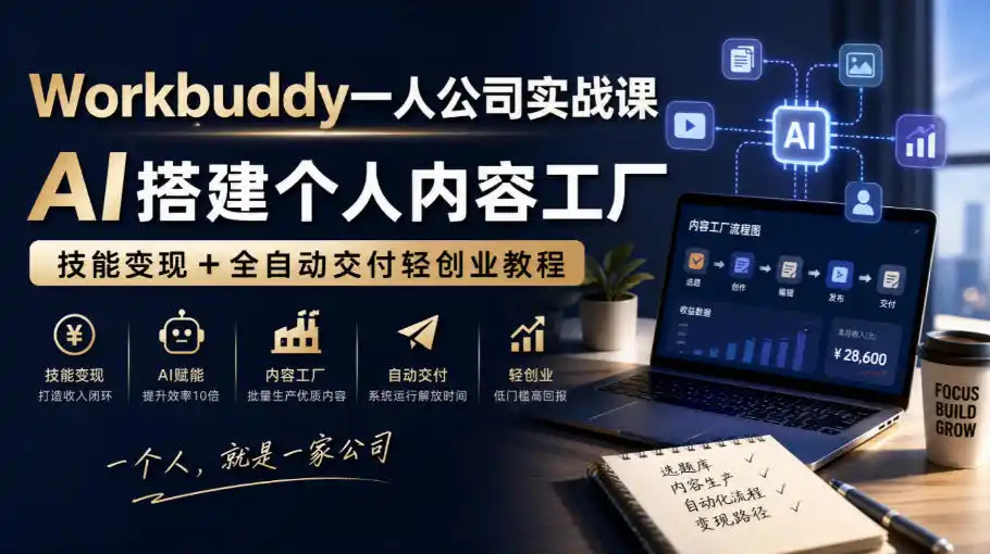 Workbuddy一人公司实战课,AI搭建个人内容工厂,技能变现+全自动交付轻创业教程-优优云网创