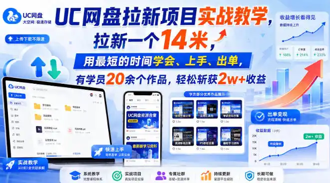 UC网盘拉新项目实战教学,拉新一个14米,用最短的时间学会、上手、出单,有学员20余个作品,轻松斩获2w+收益-优优云网创