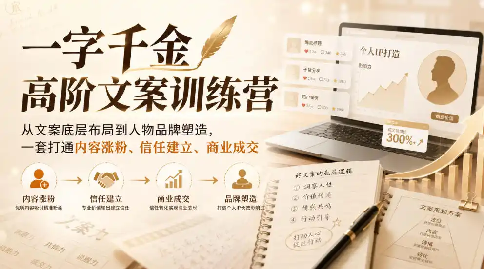 一字千金高阶文案训练营，从文案底层布局到人物品牌塑造，一套打通内容涨粉、信任建立、商业成交-优优云网创