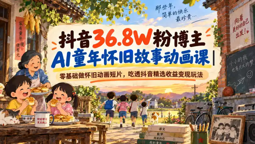 抖音36.8W粉博主AI童年怀旧故事动画课｜零基础做怀旧动画短片，吃透抖音精选收益变现玩法-优优云网创