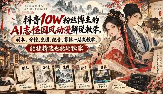 抖音10W粉丝博主满堂诡事的AI志怪国风动漫解说教学,剧本、分镜、生图、配音、剪辑一站式教学,能挂精选也能进独家-优优云网创