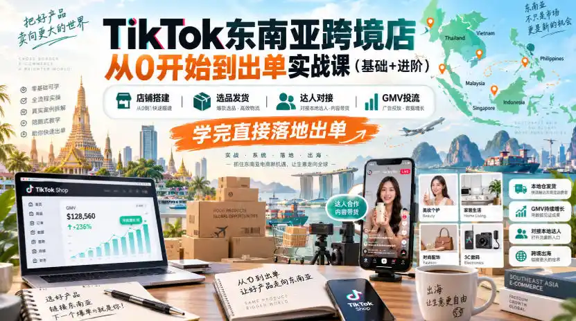 TikTok东南亚跨境店从0开始到出单实战课(基础+进阶),店铺搭建、选品发货、达人对接、GMV投流,学完直接落地出单-优优云网创