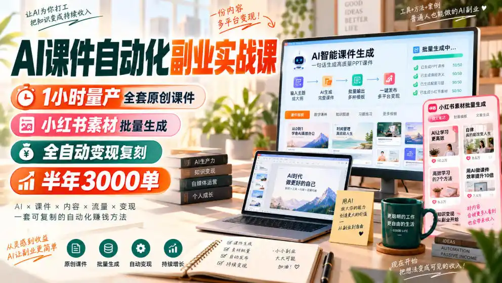 AI课件自动化副业实战课，1小时量产全套原创课件，小红书素材批量生成，全自动变现复刻，半年3000单-优优云网创