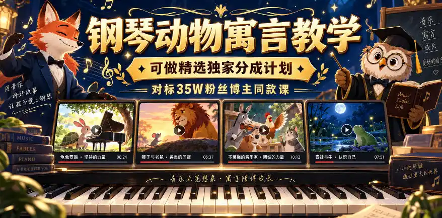 钢琴动物寓言教学,可做精选独家分成计划,对标35W粉丝博主同款课-优优云网创