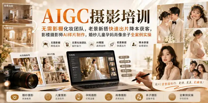 AIGC摄影培训｜无需影棚化妆团队，老景新搭快速出片降本获客，影楼摄影师AI样片制作，婚纱儿童孕妈肖像亲子全案例实操-优优云网创