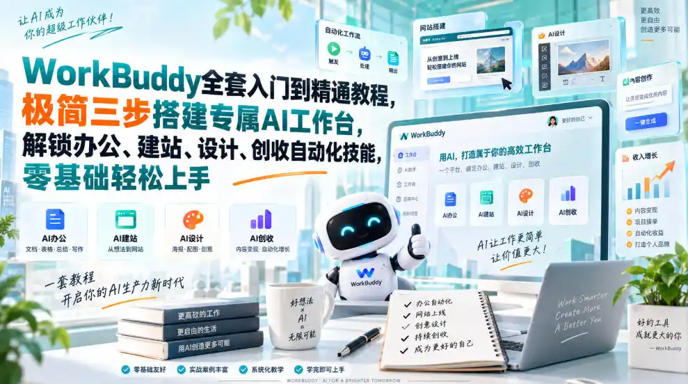 WorkBuddy全套入门到精通教程，极简三步搭建专属AI工作台，解锁办公、建站、设计、创收自动化技能，零基础轻松上手-优优云网创
