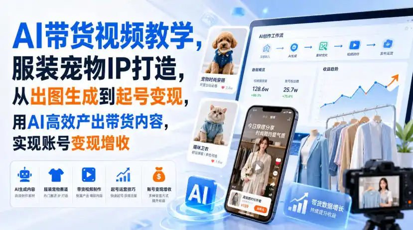 AI带货视频教学，服装宠物IP打造，从出图生成到起号变现，用AI高效产出带货内容，实现账号变现增收-优优云网创