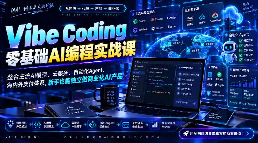 Vibe Coding零基础AI编程实战课-无水印，整合主流AI模型、云服务、自动化Agent、海内外支付体系，新手也能独立做商业化AI产品-优优云网创