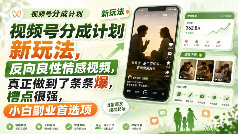 视频号分成计划新玩法，反向良性情感视频，真正做到了条条爆，槽点很强，小白副业首选项-优优云网创