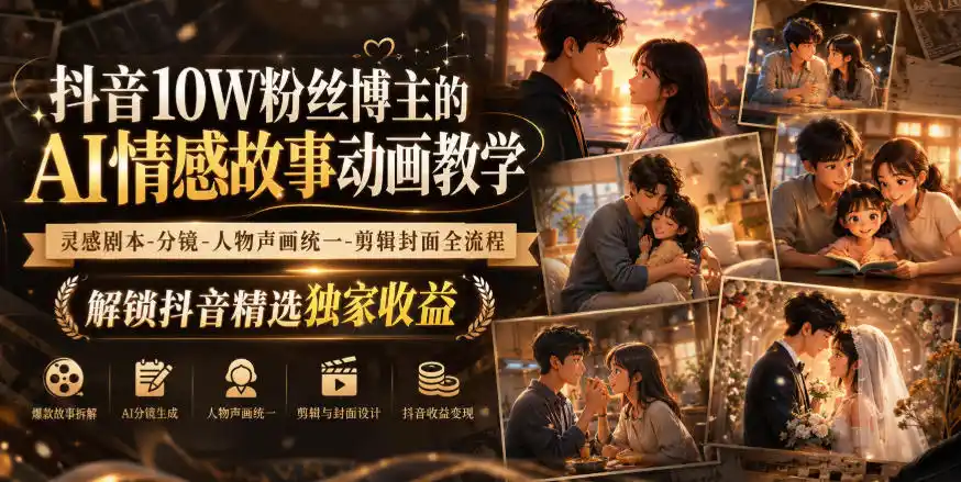 抖音10W粉丝博主的AI情感故事动画教学，灵感剧本‑分镜‑人物声画统一‑剪辑封面全流程，解锁抖音精选独家收益-优优云网创