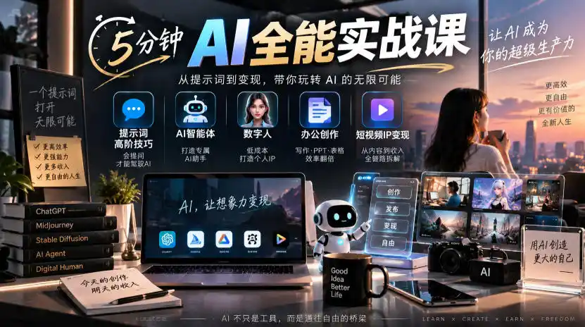 5分钟AI全能实战课|提示词高阶技巧+AI智能体+数字人+办公创作+短视频IP变现全教程-优优云网创
