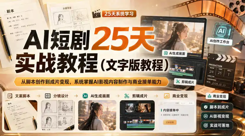 AI短剧25天实战教程(文字版教程),从脚本创作到成片变现,系统掌握AI影视内容制作与商业接单能力-优优云网创