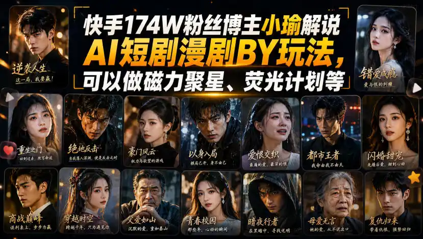 快手174W粉丝博主小瑜解说AI短剧漫剧搬运玩法,可以做磁力聚星、荧光计划等-优优云网创