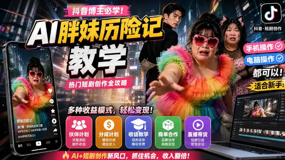 抖音博主的AI胖妹历险记教学,伙伴计划+分成计划+收徒+商单等多种收益,适合新手,手机电脑都可以操作-优优云网创