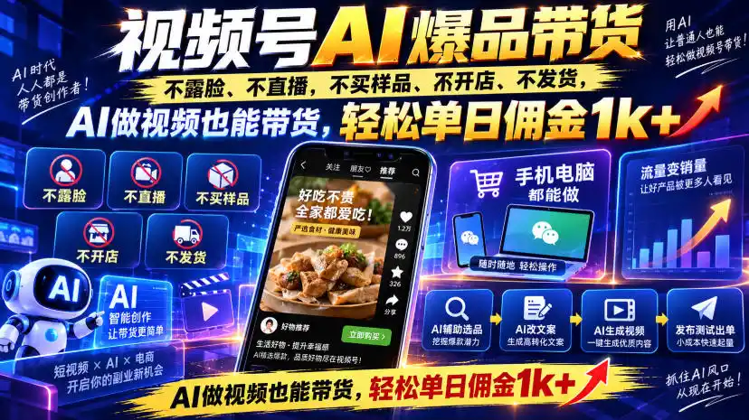 视频号Ai爆品带货,不露脸、不直播、不买样品、不开店、不发货,AI做视频也能带货,轻松单日佣金1k+-优优云网创