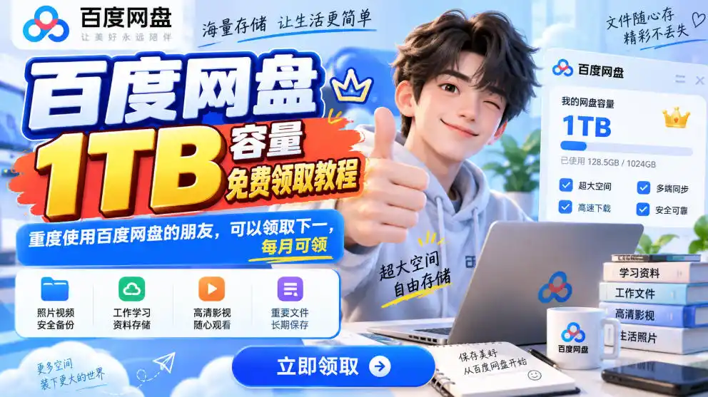 百度网盘1TB容量免费领取教程,重度使用百度网盘的朋友,可以领取下一,每月可领-优优云网创