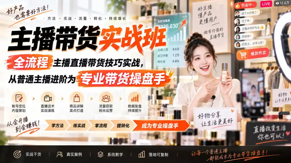 主播带货实战班ZB，全流程主播直播带货技巧实战，从普通主播进阶为专业带货操盘手-优优云网创