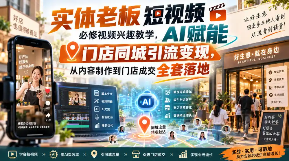 实体老板短视频必修视频兴趣教学,AI赋能门店同城引流变现,AI+短视频+直播打爆实体客流量-优优云网创