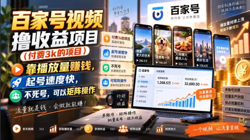 百家号视频撸收益项目(付费3k的项目)，靠播放量賺钱，起号速度快，不死号，可以矩阵操作-优优云网创