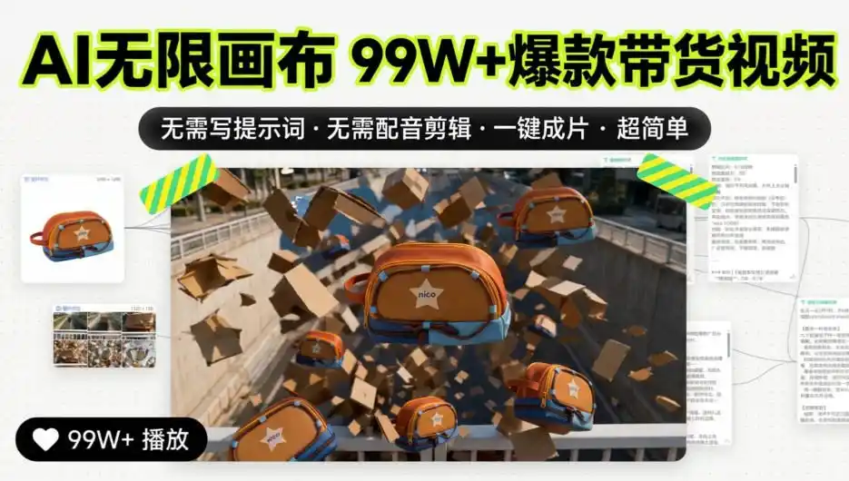 AI无限画布99W+爆款带货视频，无需写提示词·无需配音剪辑·一键成片·超简单-优优云网创