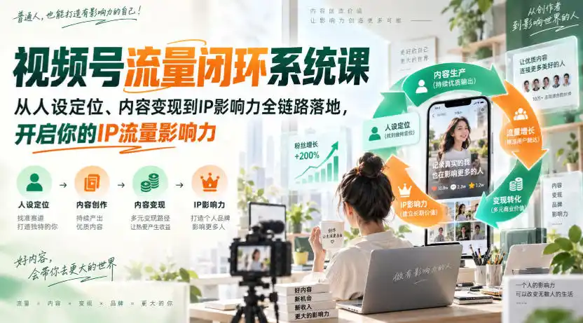视频号流量闭环系统课，从人设定位、内容变现到IP影响力全链路落地，开启你的IP流量影响力-优优云网创