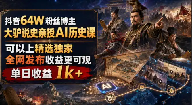 抖音64W粉丝博主大驴说史亲授AI历史课,可以上精选独家,全网发布收益更可观,单日收益1k+(更新)