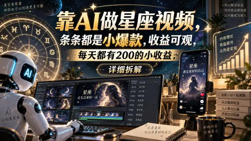 靠AI做星座视频，条条都是小爆款，收益可观，每天都有200的小收益，详细拆解-优优云网创