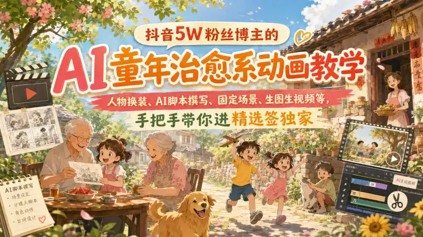 抖音5W粉丝博主的AI童年治愈系动画教学，人物换装、AI脚本撰写、固定场景、生图生视频等，手把手带你进精选签独家-优优云网创