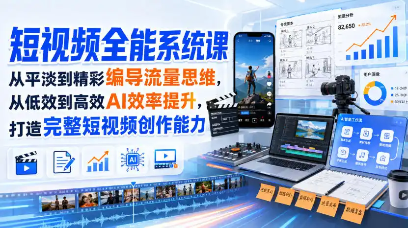 短视频全能系统课，从平淡到精彩编导流量思维，从低效到高效AI效率提升，打造完整短视频创作能力(完整版)-优优云网创