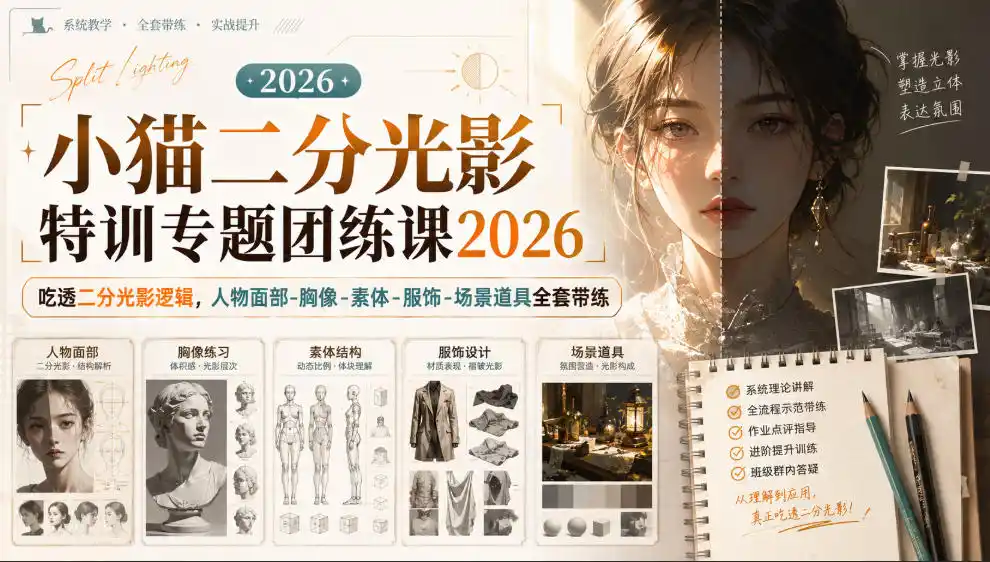 小猫二分光影特训专题团练课2026|吃透二分光影逻辑,人物面部‑胸像‑素体‑服饰‑场景道具全套带练,高清画质附赠课件与笔刷-优优云网创