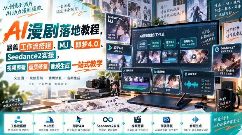 AI漫剧落地教程,涵盖工作流搭建、MJ、即梦4.0、Seedance2实操,视频剪辑画质修复音频生成一站式教学-优优云网创