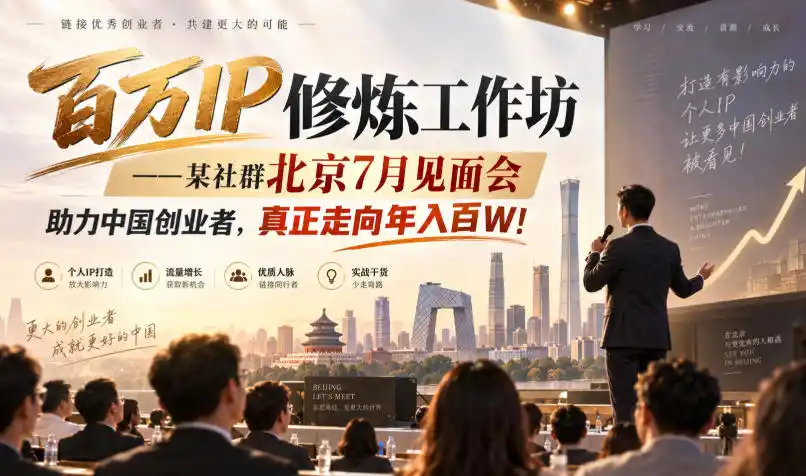 百万IP修炼工作坊——某社群北京7月见面会,助力中国创业者,真正走向年入百W!-优优云网创