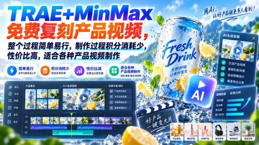 TRAE+MinMax免费复刻产品视频，整个过程简单易行，制作过程积分消耗少，性价比高，适合各种产品视频制作-优优云网创