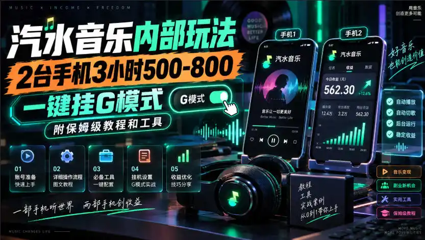 汽水音乐内部玩法,2台手机3小时500-800,一键挂G模式,附保姆级教程和工具【揭秘】-优优云网创