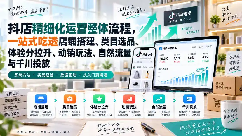 李哥电商-抖店精细化运营整体流程,一站式吃透店铺搭建、类目选品、体验分拉升、动销玩法、自然流量与千川投放-优优云网创