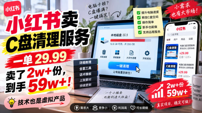 小红书卖C盘清理服务，一单29.99，卖了2w+份，技术也是虚拟产品-优优云网创
