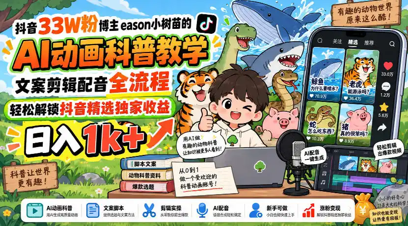 抖音33W粉博主eason小树苗的AI动画科普教学，文案剪辑配音全流程，轻松解锁抖音精选独家收益，日入1k+-优优云网创