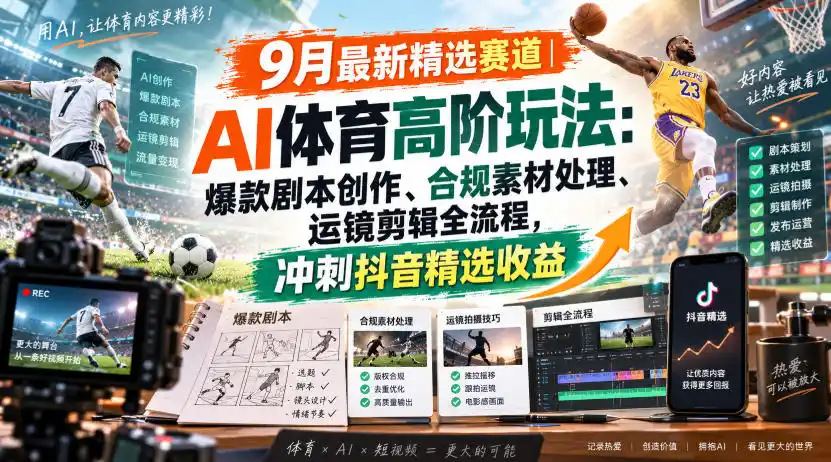 某大佬的9月最新精选赛道之AI体育顶级玩法,爆款剧本创作、版权规避、运镜剪辑全流程,稳拿抖音精选收益-优优云网创