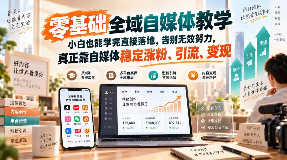 零基础全域自媒体教学，小白也能学完直接落地，告别无效努力，真正靠自媒体稳定涨粉、引流、变现-优优云网创