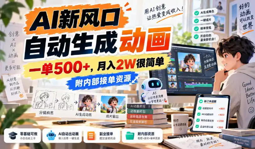 AI新风口，自动生成动画，一单500+，月入2W很简单，附内部接单资源【揭秘】-优优云网创