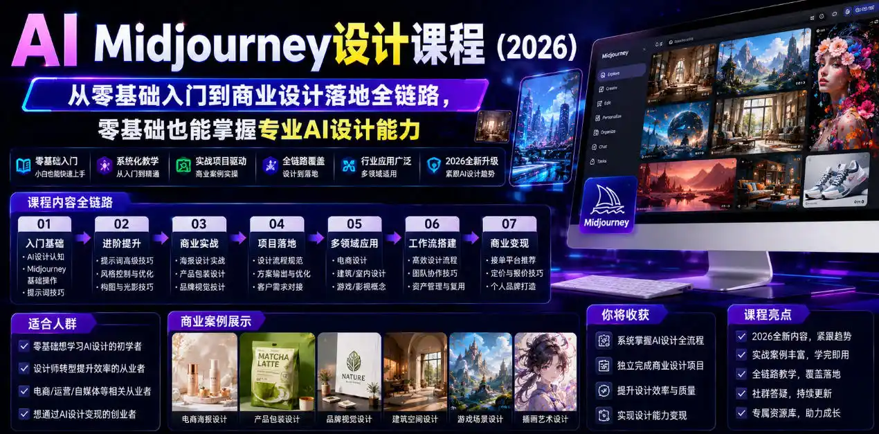 AI Midjourney设计课程(2026)，从零基础入门到商业设计落地全链路，零基础也能掌握专业AI设计能力(更新0913)-优优云网创