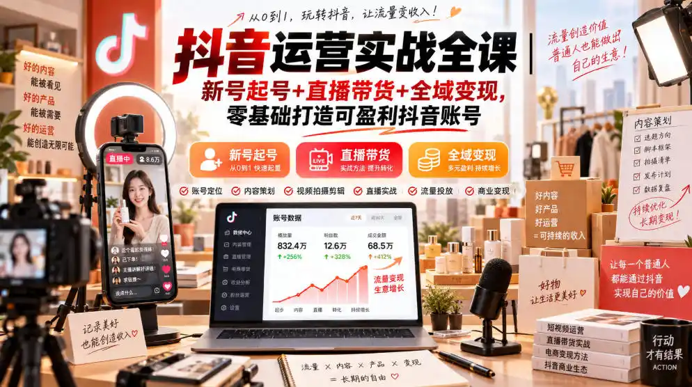 抖音运营实战全课｜新号起号+直播带货+全域变现，零基础打造可盈利抖音账号-优优云网创